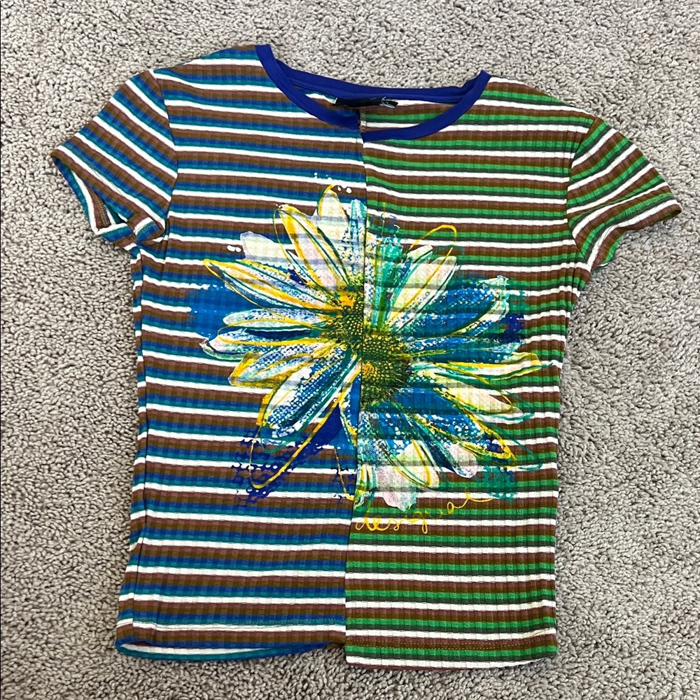 Desigual Striped Daisy Graphic Tee - Blue, Green, Yellow